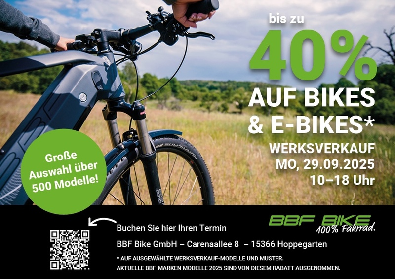 40 % auf Fahrräder und E-Bikes beim Werksverkauf am Montag, Rahnsdorf 40 % auf Fahrräder und E-Bikes beim Werksverkauf am Montag, Rahnsdorf